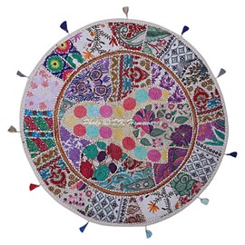 DK Homewares Indian Ethnic Floor Pillow Bed Stool Chair White 28 Inch Patchwork Living Room Ottoman Stool Home Decor Embroidered Vintage Cotton Round Floor Cushions for Kids 28x28