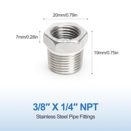 Kodilin 10PCS 304 Stainless Steel Reducer Hex Bushing, 3/8" NPT Male x 1/4" NPT Female, Reducing Pipe Fitting Adapter