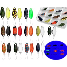 Njord Kalastus 2024 Spoons Trout UV-Active 2.5 g 3 cm 12 Pieces in Spoonbox Trout Spoon Set Trout Bait Spoons Trout Fishing Spoons Set Trout Spoon Fishing Spoons Trout Set Box