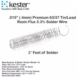 Kester 63/37 Tin/Lead Solder Wire Rosin Flux Core 3% Kester 44 - .015” (.4mm) - 5 Feet