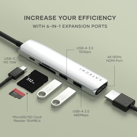 SATECHI 6-in-1 USB-C Hub Slim Plus Multiport Adapter with 4K HDMI, 100W PD Charging, 2X USB-A Data Ports, Micro/SD Card Readers for MacBook, Windows – Silver