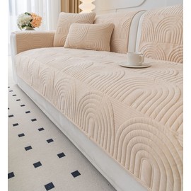 vctops Velvet Plush Couch Sofa Cover Geometric Quilted Sectional Couch Covers Non Slip Fluffy Soft Sofa Slipcover for Dogs, Children, Pets Furniture Protector (Champagne,36"x94")