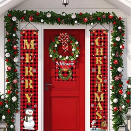 Merry Christmas Door Banner,180CM x 30CM Happy Christmas Porch Sign Santa Claua and Snowman Hanging Banners Couplet for Christmas Outdoor Porch Door Wall Decorations