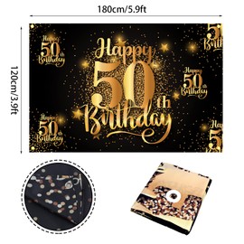 Mnixy Happy 50th Birthday Backdrop Banner Step and Repeat 50 Years Old Background Decorations for Women Men Her Him Photography Party Supplies Glitter Black Gold (1)