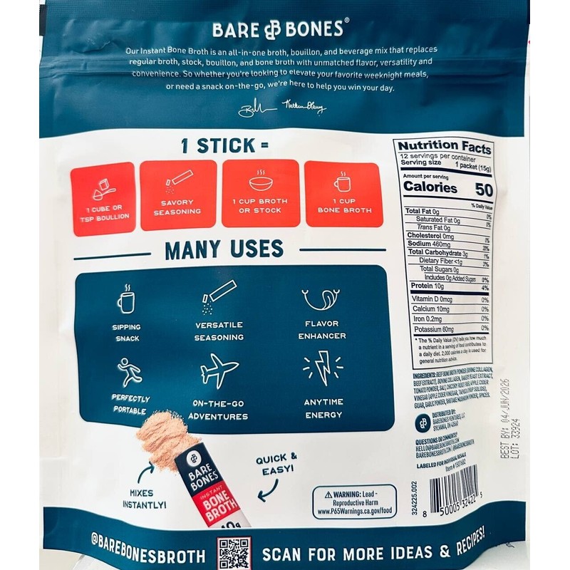 Bare Bones Instant Bone Broth Sticks Beef 12 Sticks10g Protein