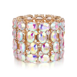 Ever Faith Bridal Rhinestone Bracelet for Wedding Party, Sparkly Iridescent Clear AB Crystal Adjustable Elastic Wide Stretch Bracelet for Women