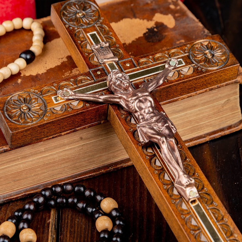 Woodvio - Handmade Wooden Wall Cross, Hand Carved Surface, Catholic