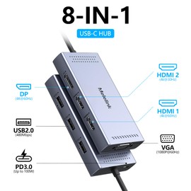 USB C Docking Station Dual HDMI Monitor Adapter, Melelink USB C Hub 3 Monitors Adapter with 2x HDMI 4K,Displayport,VGA,100W PD Charging,3 USB2.0, 8 in 1 Laptop Docking Station for Dell, HP, Lenovo,etc