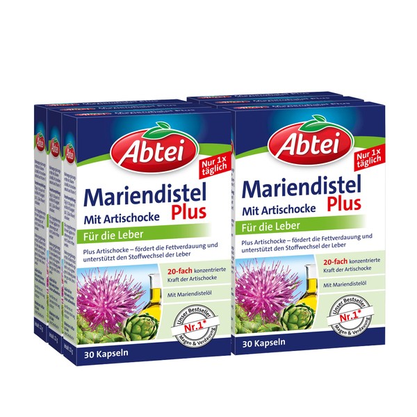 Abtei Milk Thistle Oil Plus Artichoke - with Vitamin E Capsules, Healthy Digestion, Supports the Metabolism of the Liver - Storage Pack 180 Capsules (6 x 30 Pieces)