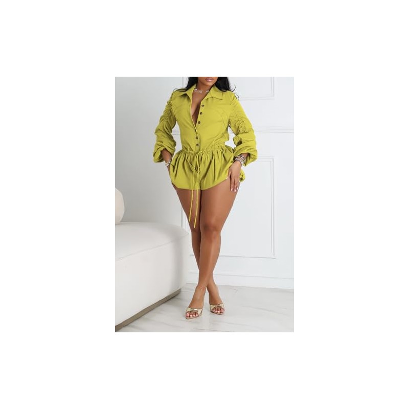 Famnbro Womens Summer Rompers Long Sleeve V Neck Drawstring Bubble