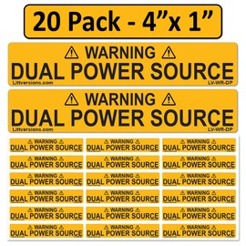 Littversions 20 Pack 4"x1" Warning Dual Power Source Outdoor Rated Laminated Label Sticker Vinyl Heavy Duty Pressure Sensitive Waterproof Ultra Durable