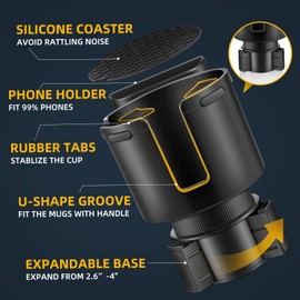 TYKOR Car Cup Holder Expander, Cup Holder Expander for Cars with Adjustable Insert, Fits Stanely 0.4/0.47/0.75/0.89/1.2L, Other Large Drink Bottles 0.4-1.5 L (7.0-10.7 CM)