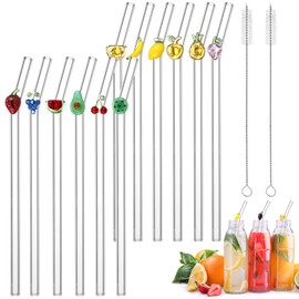 Honeydak 12 Pcs Glass Straws with Design Reusable Cute Fruit Drinking Straws 7.9in x 8mm Colorful Party Favors Decorations with 2 Cleaning Brushes