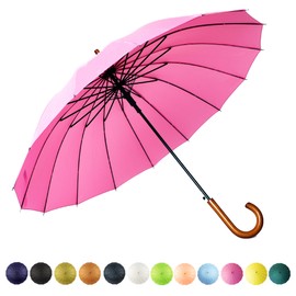SoulRain 16 Ribs 48" Stick Umbrella Auto Open Solid Color Fashionable and Simple，Arc Classic Wood Handle，Windproof Unbreakable Stick Rain Umbrella (Cool Pink)…