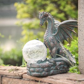 TERESA'S COLLECTIONS Garden Decoration for Outdoors, Garden Figures for Outdoors, 15 cm Garden Dragon Figure with Solar Light, Waterproof Resin Decorative Figure for Lawn Patio