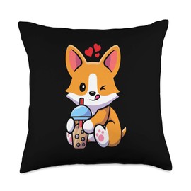 Adorable Corgi Doggy Furry Mammals Pedigree Canine Kawaii Boba Dog Corgi Drink Cute Anime Bubble Tea Heart Throw Pillow, 18x18, Multicolor