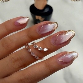 Uñas postizas de almendra mediana, uñas postizas brillantes de ojo de gato con rayas doradas, uñas acrílicas con degradado rosa, uñas adhesivas para m