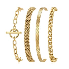 RINHOO Gold Chain Bracelets Set for Women - Trendy Paperclip Snake Link Layered Bracelets 18K Gold Plated Stainless Steel Stackable Wrist Jewelry Aesthetic Preppy Gifts (Gold-Style 1, 4)