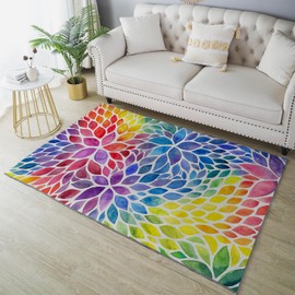 HUXJOKO Area Rug Watercolor Colorful Rainbow Dahlia Floral Home Decor Non-Slip Rugs Machine Washable Doormat Carpet Mat for Living Room Bedroom Kitchen Kindergarten Room Classroom,5' x 7'