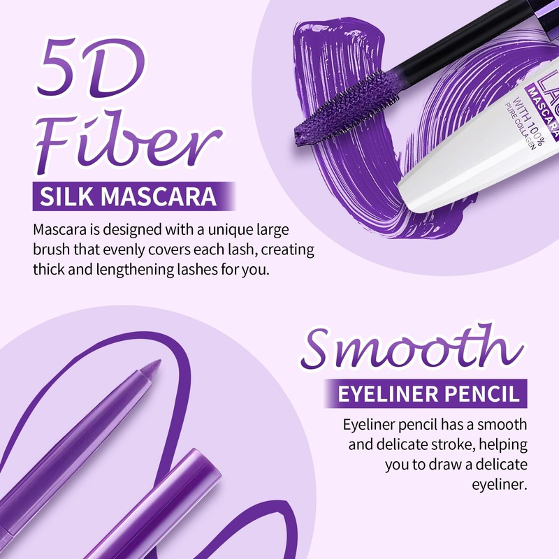 AOAZXBB Purple Mascara and Eyeliner Set 5D Coloured Mascara for