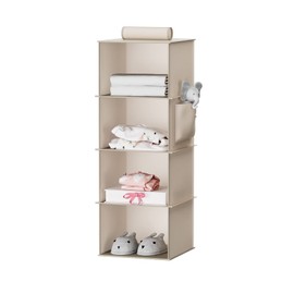 YOUDENOVA Hanging Wardrobe Organiser 6 Shelves Wardrobe Storage Hanging Shelves With Side Pockets Clothes Organiser Bedroom Storage (4-Shelves, Beige)