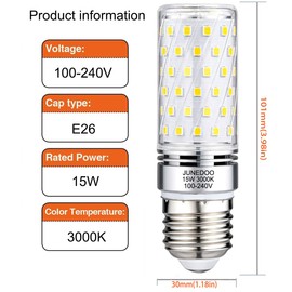JUNEDOO E26 LED Light Bulbs 15W, 3000K Warm White,Edison Screw Bulbs,120W Incandescent Bulbs Equivalent,1800Lm,Non Dimmable,Pack of 4