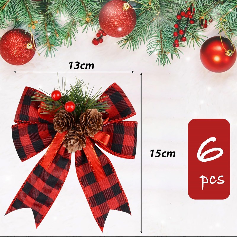 GEBETTER 6 pcs Christmas Red Plaid Rows Large Red Bows