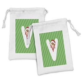 Ambesonne Christmas Alphabet Fabric Pouch Set of 2, Demonstration of Letter V and a Silhouette with Hands Up, Small Drawstring Bag for Toiletries Masks and Favors, 9" x 6", Green Dark Coral and White