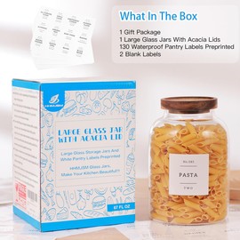 High Borosilicate Glass Jar with Airtight Acacia Lid and 132 Kitchen Panty Labels Preprinted - 67 Fl Oz Thicken Glass Food Storage Container Canister for Coffee, Brown Sugar, Candy, Cookie, Cereal