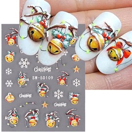 Christmas Nail Stickers Snowflake Nail Decals 5D Exquisite Embossed Nail Art Supplies Christmas Bells Gloves Feather Design Self-Adhesive Nail Art Stickers Xmas Nail Decoration for Women, 3 Sheets