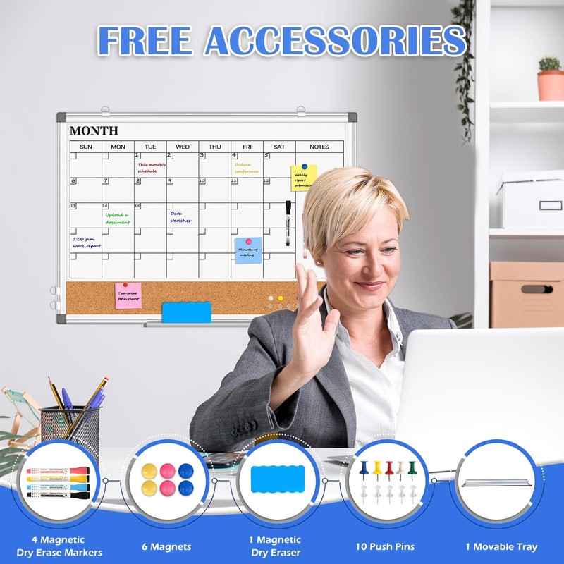 Monthly Calendar Whiteboard Dry Erase Cork Board Combo for Wall,