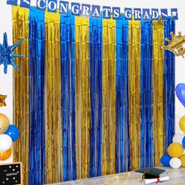 Graduation Decorations 2025 Blue and Gold Party Decorations 2 Pack Foil Fringe Curtains, Tinsel Backdrop Graduation Photo Booth Prop Streamer Backdrop for Birthdays, Ramadan, Retirement, Graduations