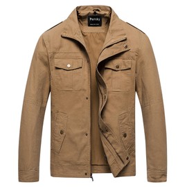 Pursky Men's Military Jacket With Removable Hood, Stand Collar Spring and Autumn Casual Cotton Coat Khaki 2XL