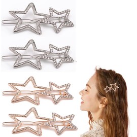 Star Hair Clips Pins, 4PCS Star Hairpin Hair Barrettes Elegant Metal Hair Clips Rhinestone Hairpin, Silver Golden Hollow Geometric Hair Pins for Women Girls Lady Thick Hair Styling Accessories