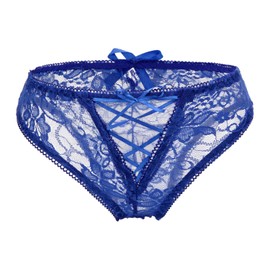 Confonze - Bragas sexy de entrepierna, encaje floral, medianoche, con tiras cruzadas, para mujer, Azul, X-Large