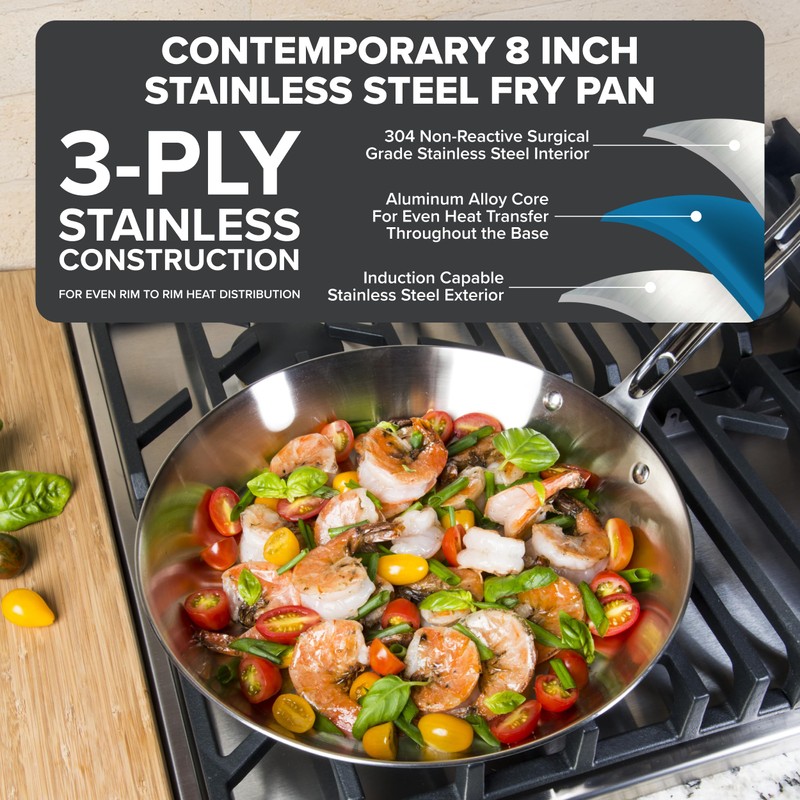 Viking Contemporary 3-Ply Non Stick Frying Pan, 8 Inch Stainless