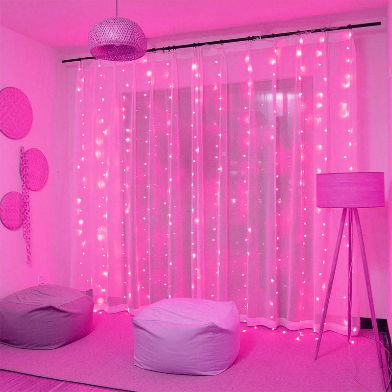 JMEXSUSS 300 LED Pink Curtain Lights, Remote Control Curtain String
