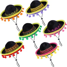 Whaline 6Pcs Mexican Sombrero Hats Multi-Color Mexican Non-Woven Hat Cinco De Mayo Polyester Hairball Wide-Brimmed Hat for Fiesta Carnival Summer Mexican Theme Party Decorations Party Favors