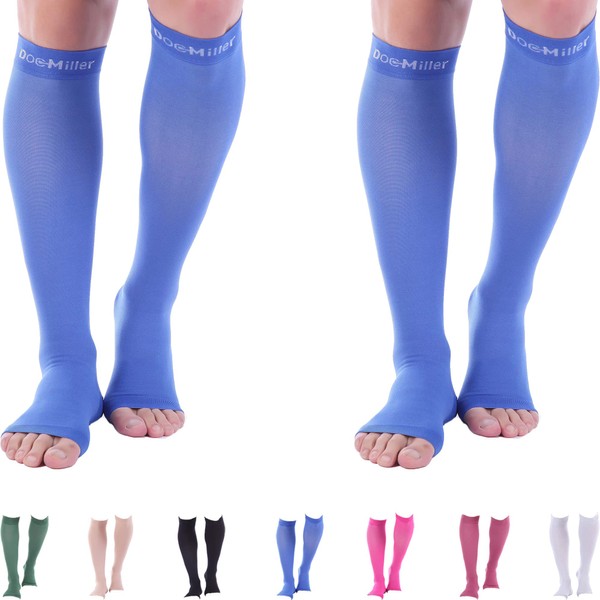 Doc Miller Toeless Compression Socks Women and Men 2 Pair - 20-30mmHg - Open Toe Compression Socks Women for Shin Splints Varicose Veins Leg Cramps Recovery - Support Circulation - Blue Small Size