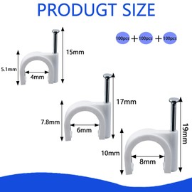 YUBBYSTU Kabel-Clips, 3 Größen, Kabel-Nagel-Clips, 4 mm, 6 mm, 8 mm, Weiß, runde Drahtklemmen, von klein bis groß, für den Außenbereich und Ethernet, Wandkabel, 300 Stück