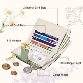 Wallets for Women- RFID Blocking- Soft PU Leather Bifold Coin Zipper Pocket Purse-Small flower wallet Credit Card Holder with ID Window (Green)