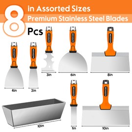 Matework Drywall Tools, 8 Pc Stainless Steel Drywall Knife Set, Putty Knife with Mud Pan, Ergonomic Grip Tapping Knife with Hammer End for Drywall Work