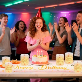 PHOGARY Birthday Table Decoration - Pink Table Runner and 6 Lanterns Table Decoration, 180 x 33 cm Linen Happy Birthday Table Decoration, Birthday Decoration for Women, Men, Girls, Boys, Children