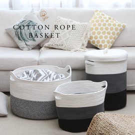Sea Team Large Size Cotton Rope Woven Storage Basket with Lid, Lidded Laundry Hamper with Handles, Fabric Bucket with Cover, Clothes Toys Organizer for Kid's Room, 16 x 20 inches, White & Black