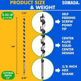 SOMADA 1/2-Inch x 14-Inch Auger Drill Bit for Wood, Hex Shank 3/8-Inch One Piece, Ship Auger Long Drill Bit for Soft and Hard Wood, Plastic, Drywall and Composite Materials…