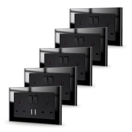 JIMEIDA 5 Pack Black Double Switched Power Socket with USB A Charging Ports Crystal Glass Panel Wall Outlet 13 Amp Electric Socket