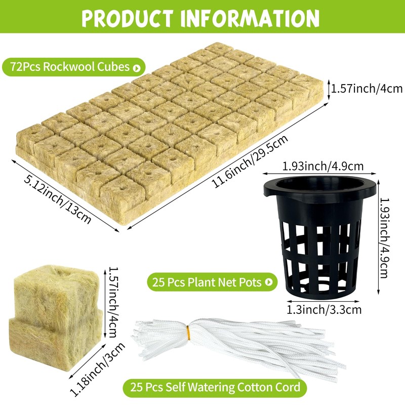 72 Pcs 1.2-Inch Rockwool Cubes with Net Cups and Self-Watering