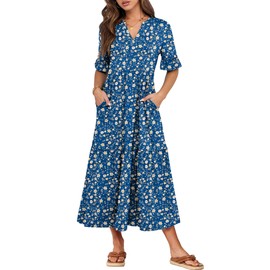 ANRABESS Women's Casual Summer Ruffle Short Sleeve T Shirts Maxi Dress 2025 Spring V Neck Flowy Tiered Boho Beach Dresses Blue Yellow Floral Medium