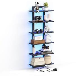 TRIFEBLE 6 Tier Wall Shelf Unit with LED Light, Black Floating Shelf, Vertical Display Shelf, Wall Decor for Bedroom Living Room, Vanity, 15" W x 5.9" D x 43.3" H