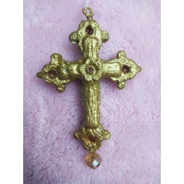 Set of  3 Papier Mache Cross, Hand md w/Leather Hook & Crystal.Dbl Sided,Lt.brow
